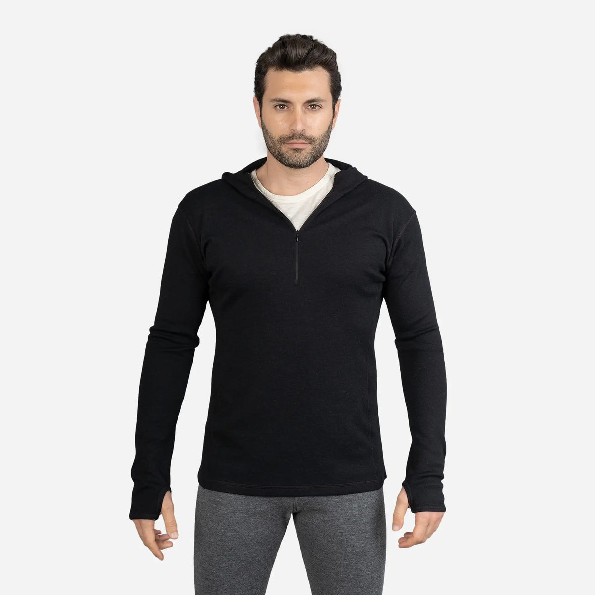 Men's Alpaca Wool Hoodie: 300 Lightweight Half-Zip color black