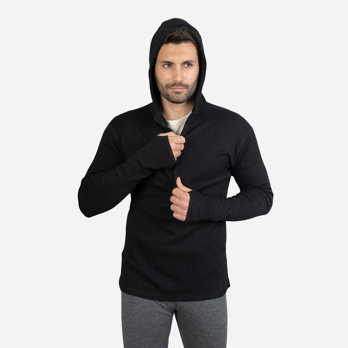 Men's Alpaca Wool Hoodie: 300 Lightweight Half-Zip color black