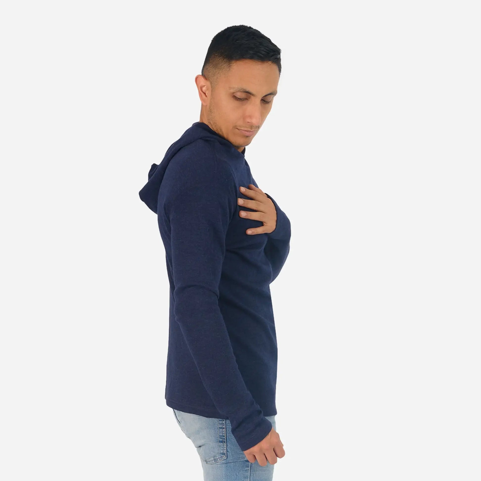 Sustainable Mens Alpaca Wool Pullover Hoodie 300 Lightweight color navy blue