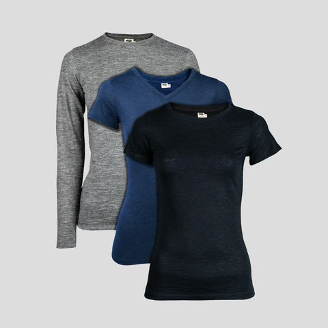 Mix 3 Pack - Women's Alpaca Wool Shirts: 160 Ultralight Crew Neck, V-Neck & Long Sleeve