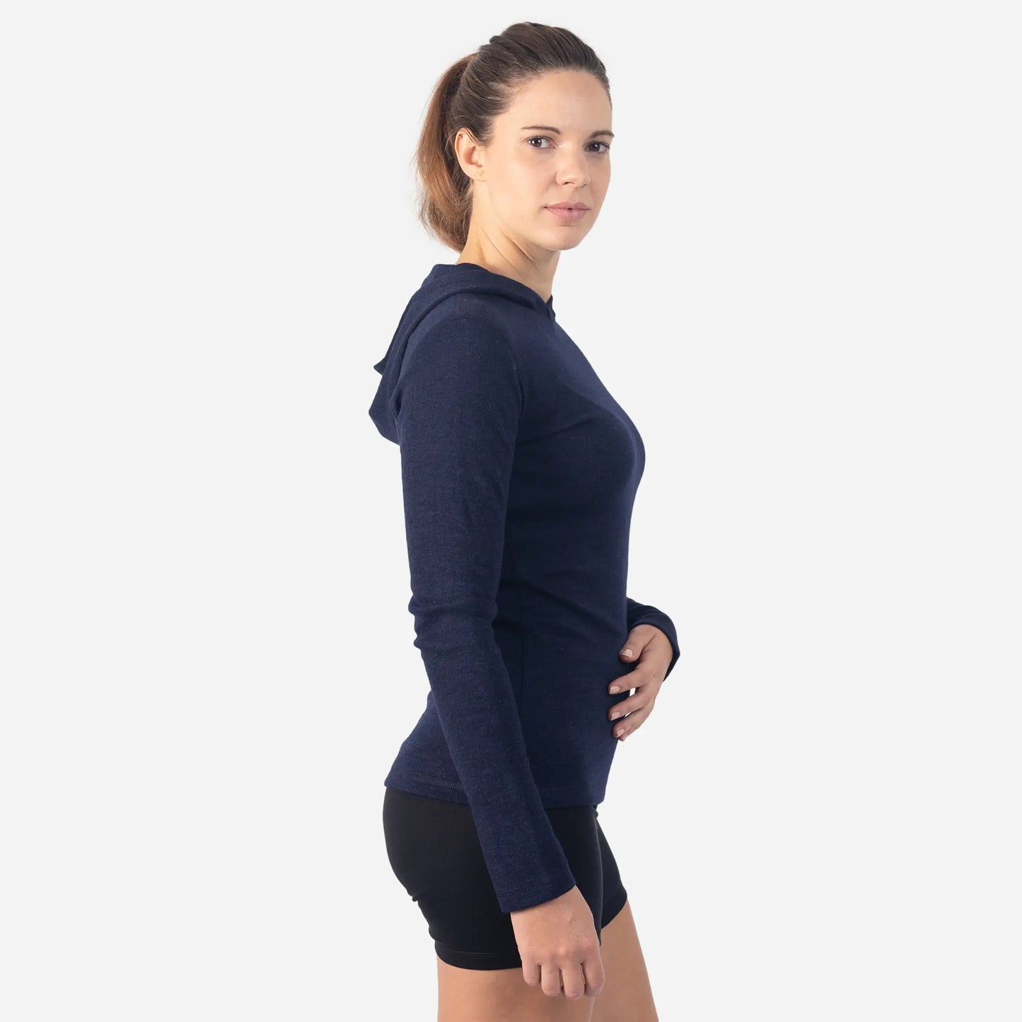 Sustainable Womens Alpaca Wool Pullover Hoodie 300 Lightweight color navy blue