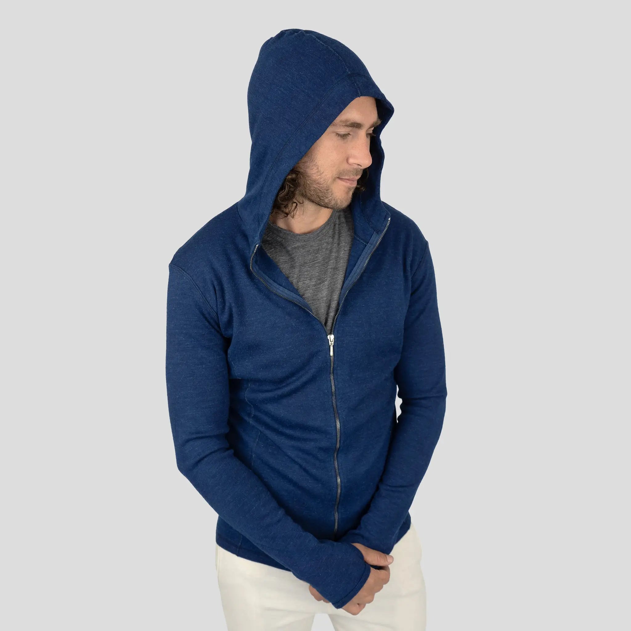 Men's Alpaca Wool Hoodie Jacket: 420 Midweight Full-Zip color Natural Blue