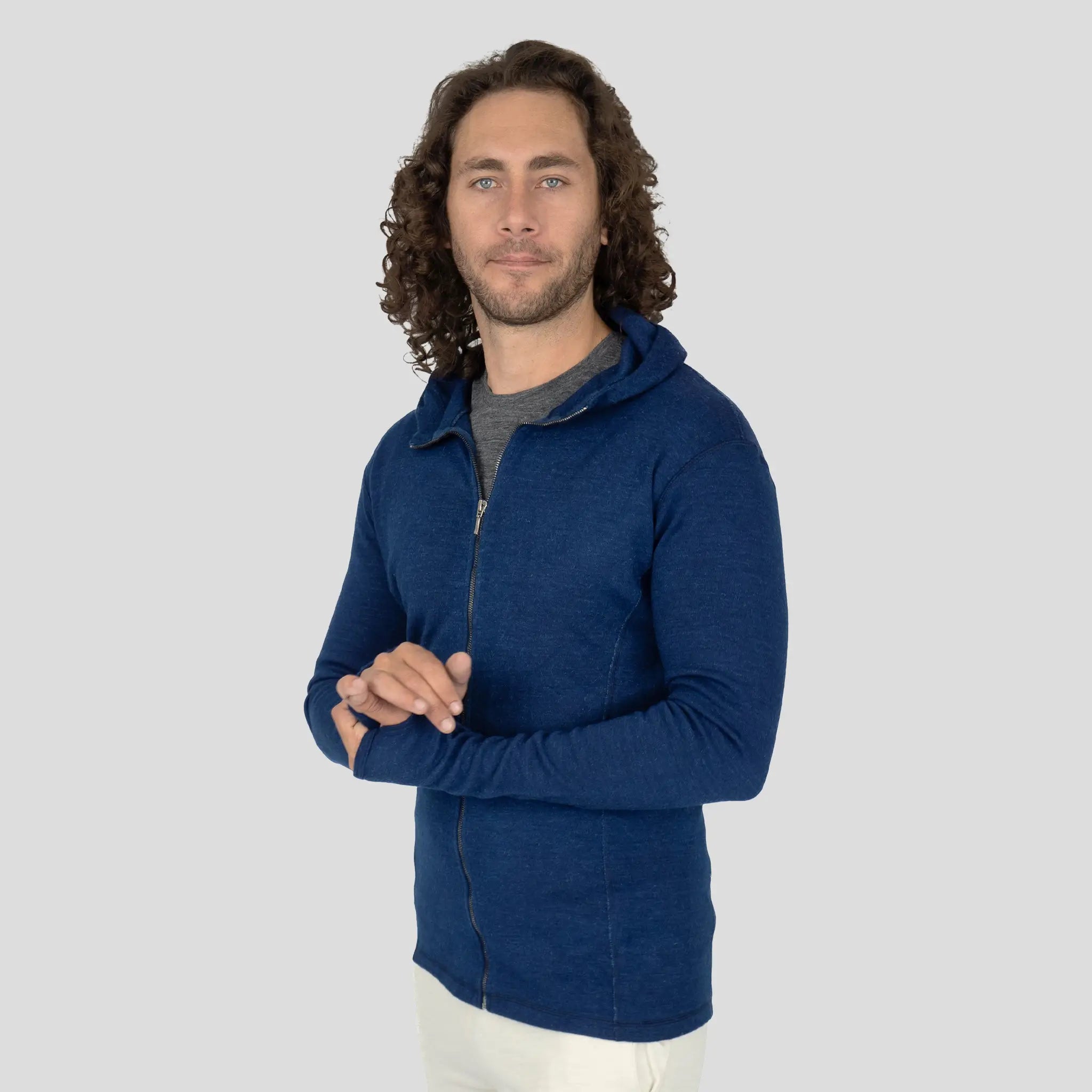 Men's Alpaca Wool Hoodie Jacket: 420 Midweight Full-Zip color Natural Blue