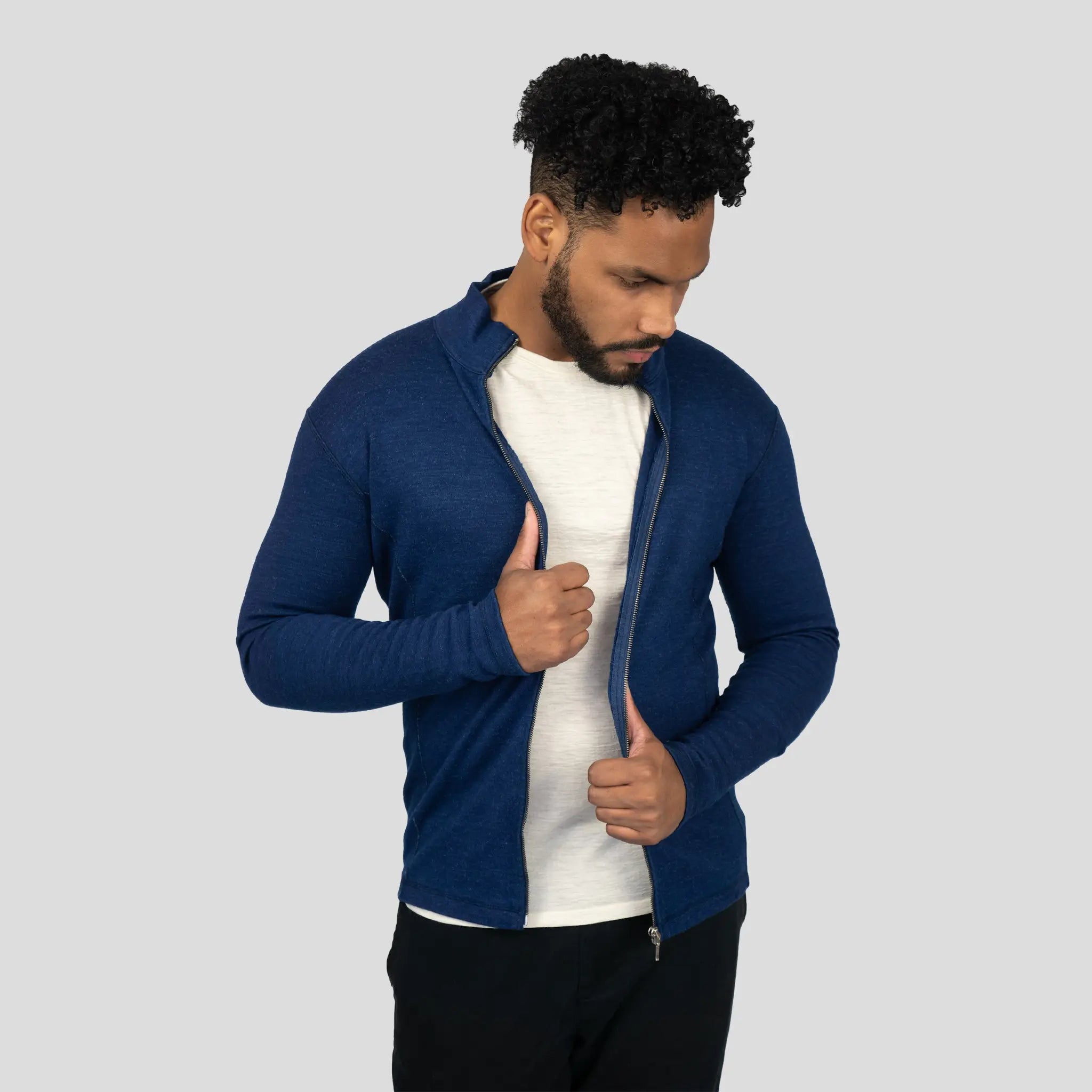 Men's Alpaca Wool Jacket: 420 Midweight Full-Zip color Natural Blue