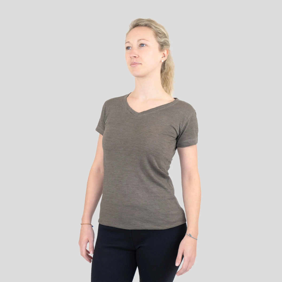 Women's Alpaca Wool T-Shirt: 160 Ultralight V-Neck color natural charcoal