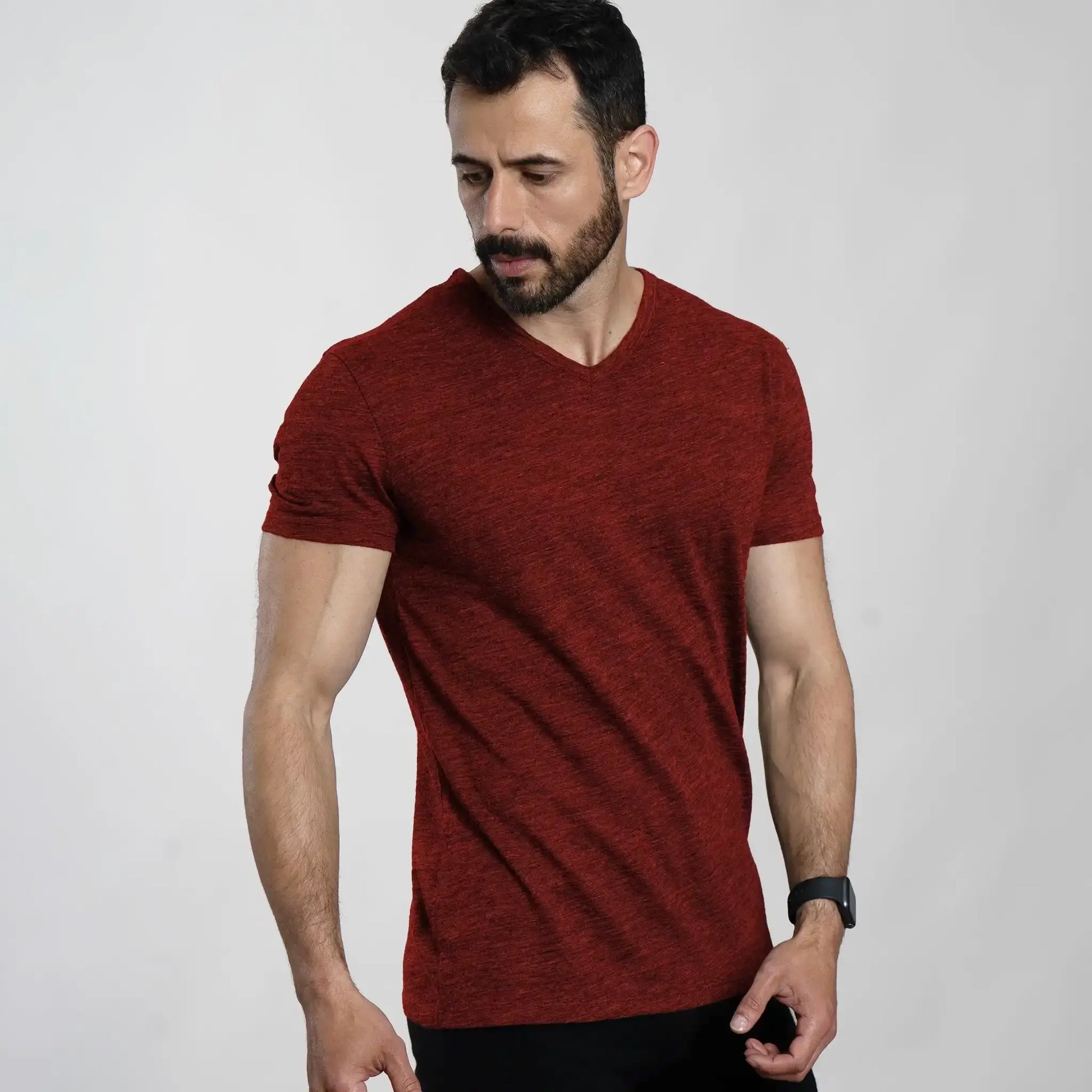 Men's Alpaca Wool Shirt: 160 Ultralight V-Neck color Red