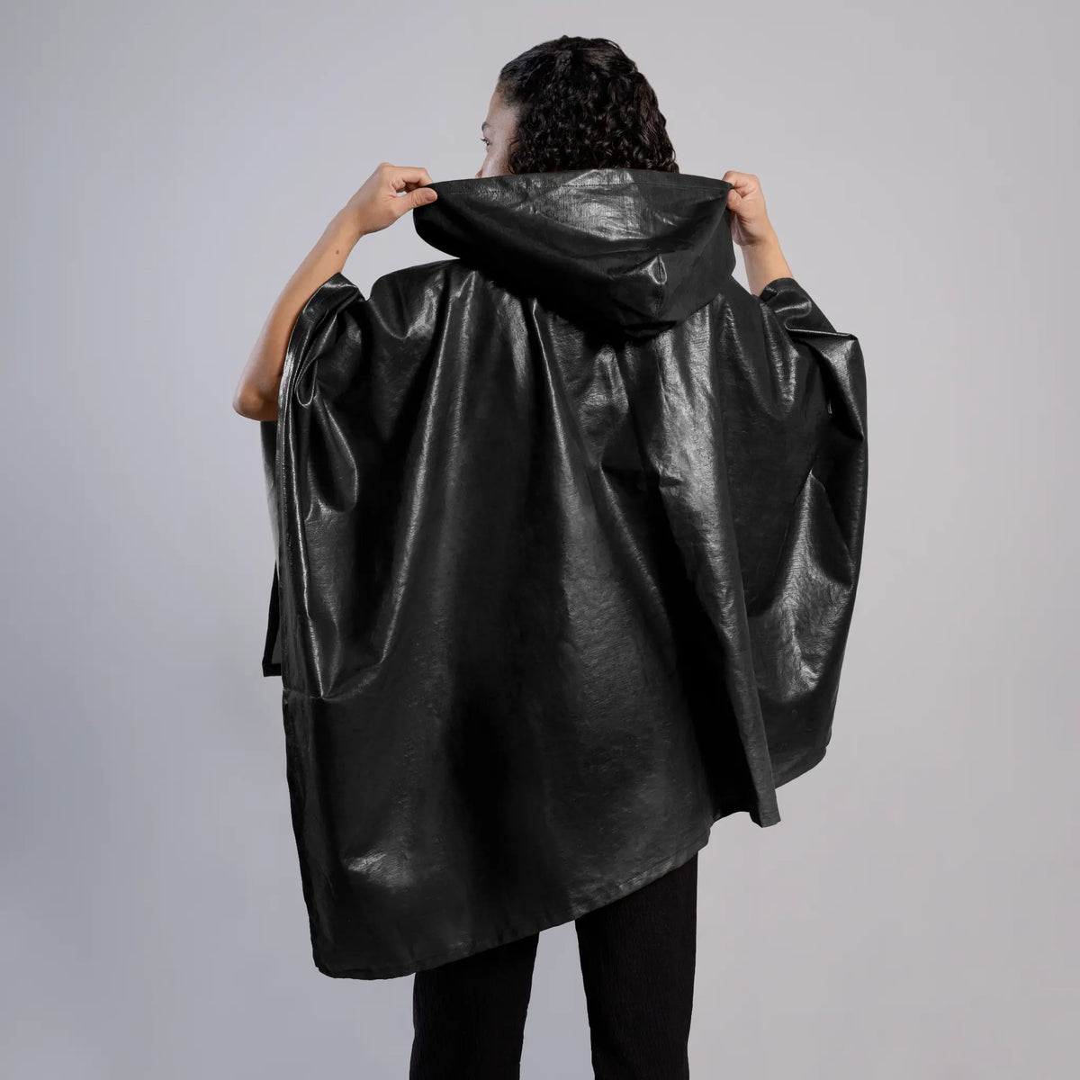 unisex recyclable waterproof hooded rain poncho color black