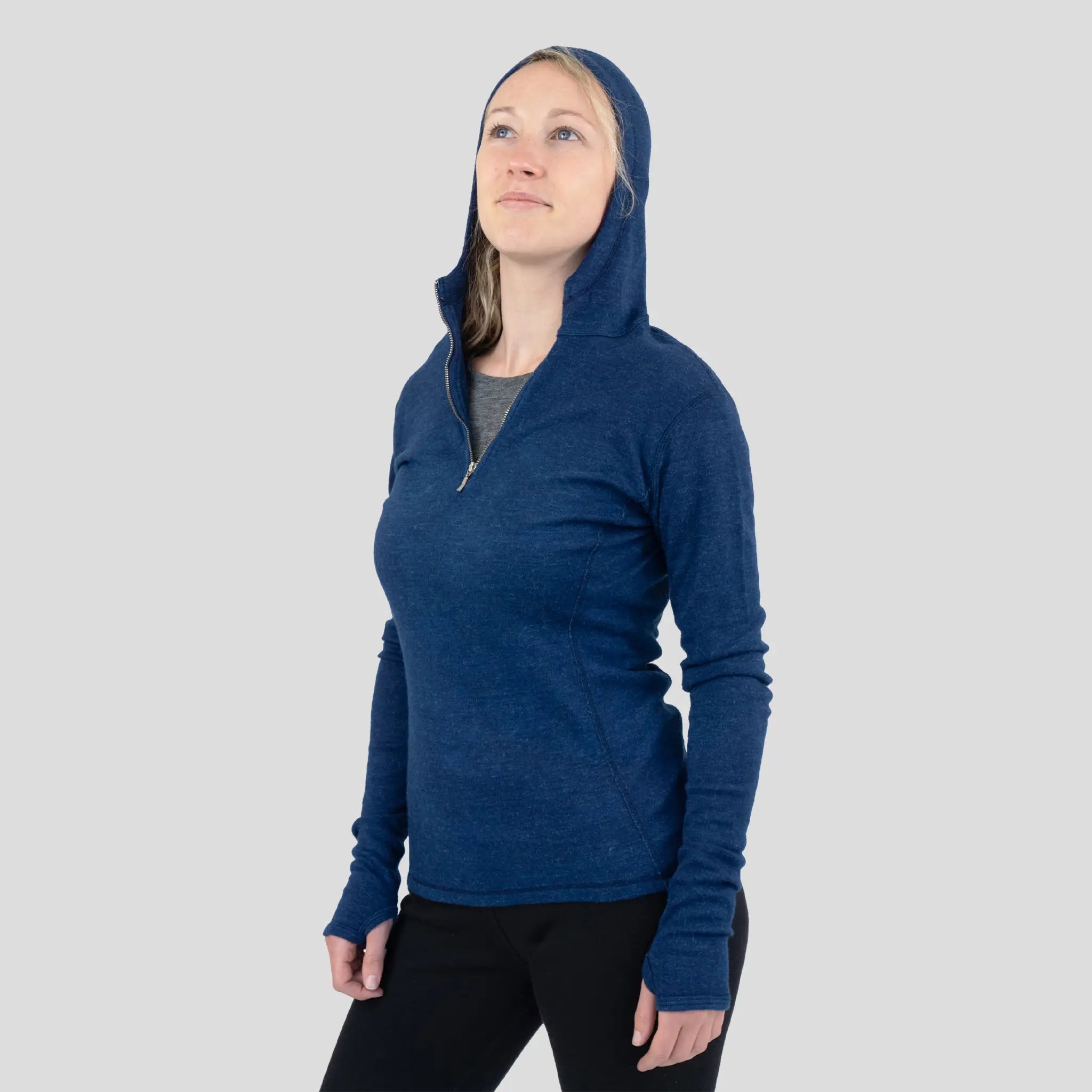 women sustainable alpaca wool baselayer hoodie lightweight color natural blue