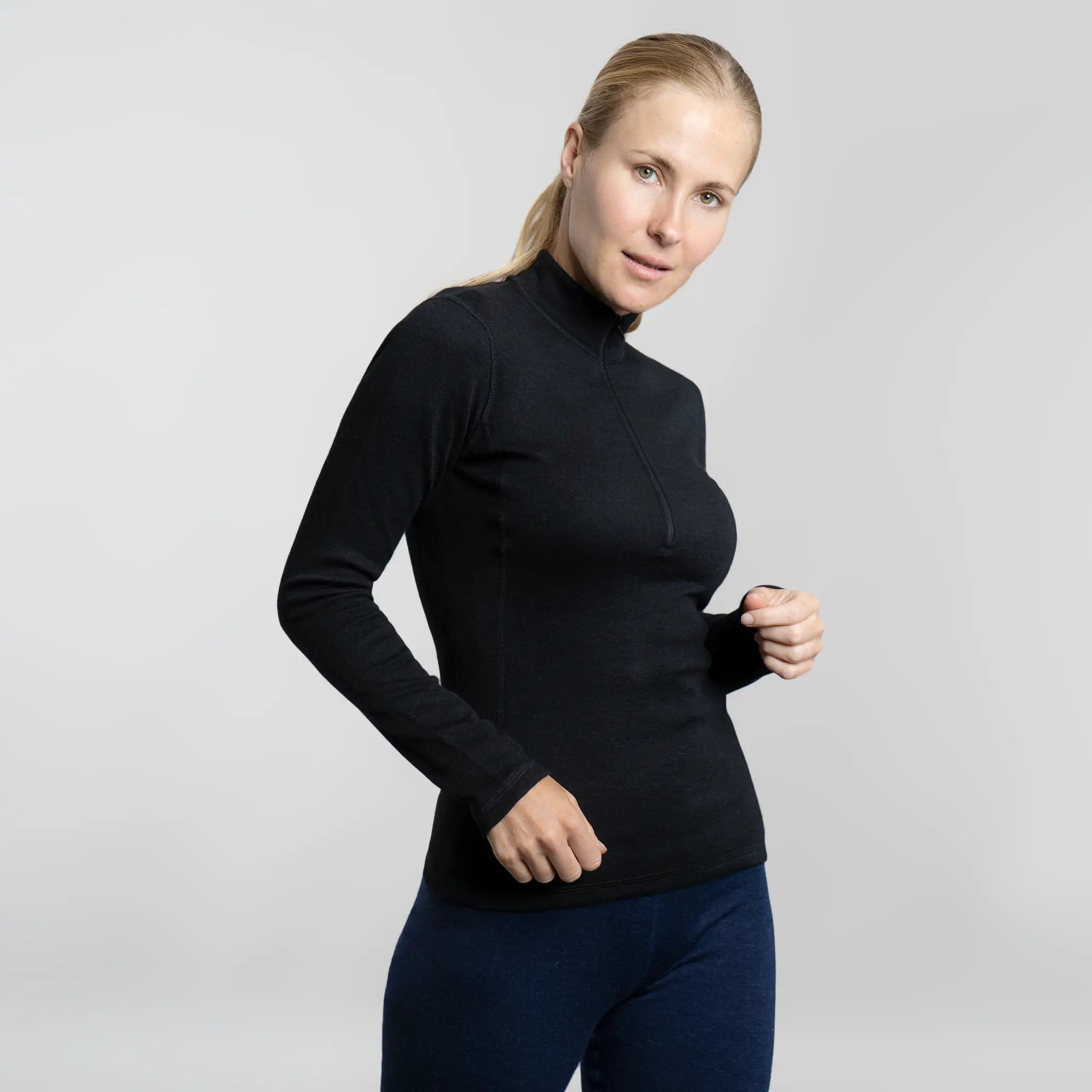 Women's Alpaca Wool Base Layer: 300 Lightweight Half-Zip color Black