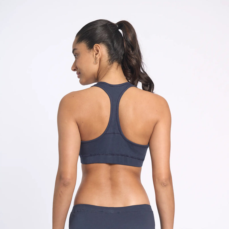 womens eco friendly sports bra color navy blue