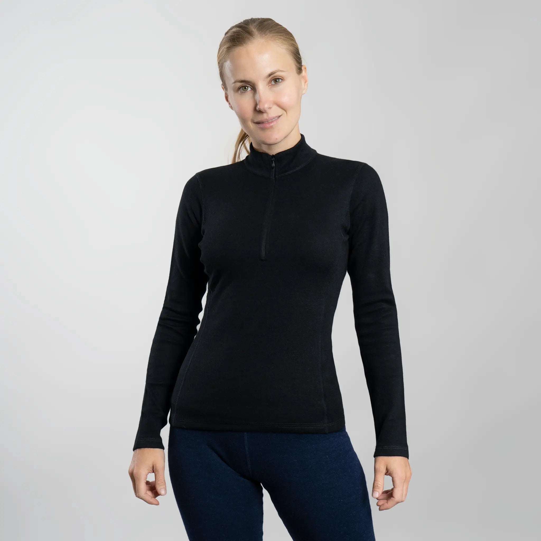 Women's Alpaca Wool Base Layer: 300 Lightweight Half-Zip color Black