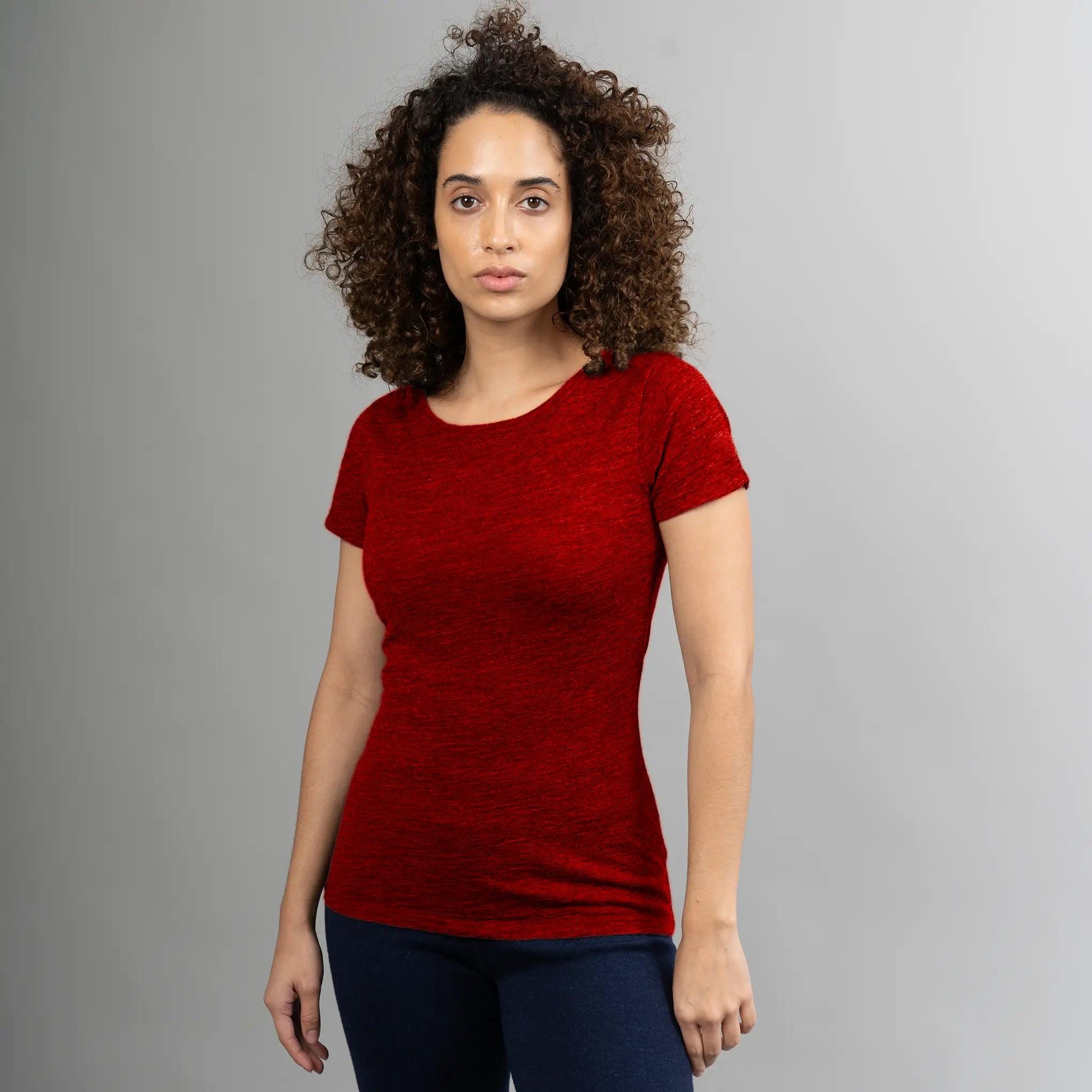 Women's Alpaca Wool T-Shirt: 160 Ultralight Crew Neck color red