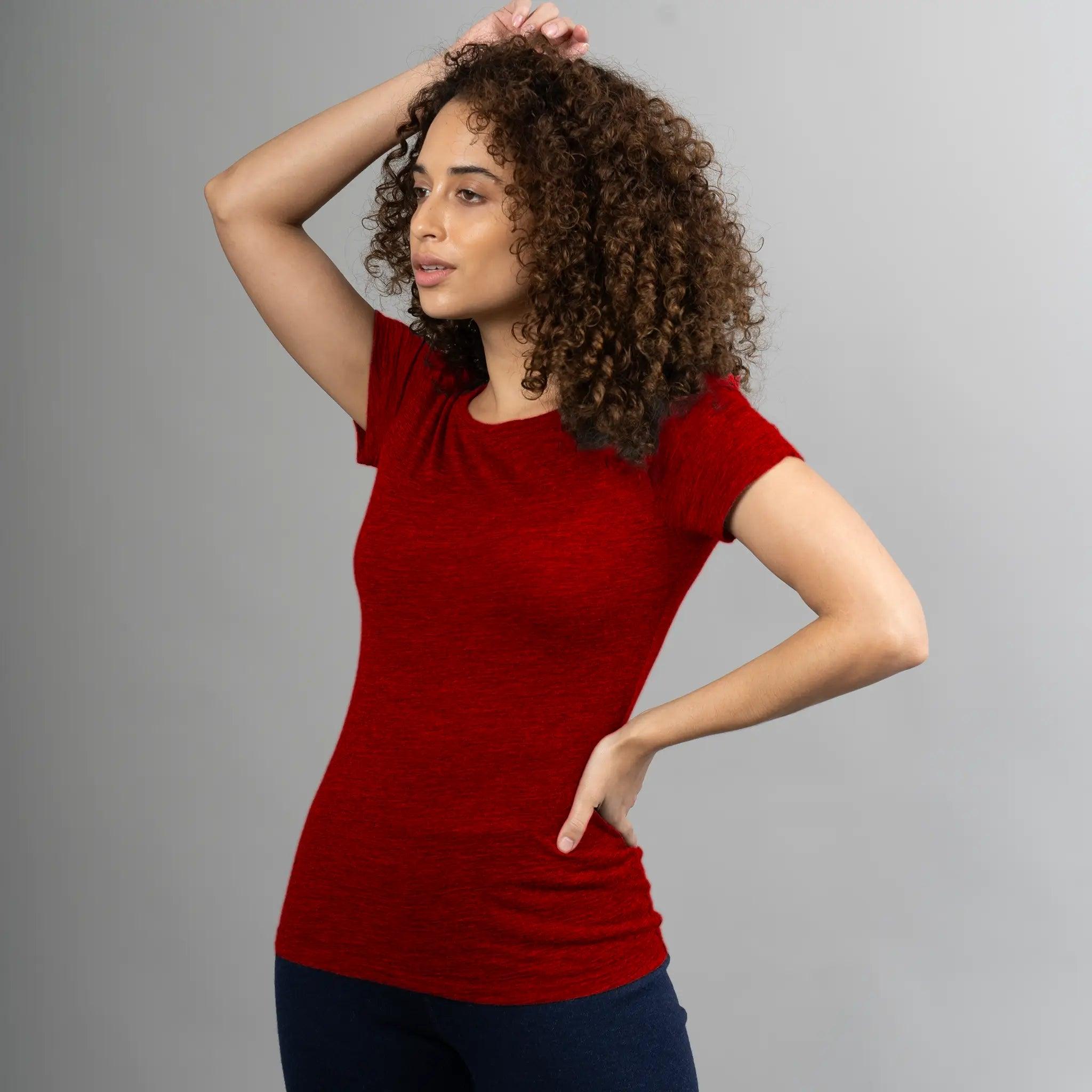 Women's Alpaca Wool T-Shirt: 160 Ultralight Crew Neck Color Red