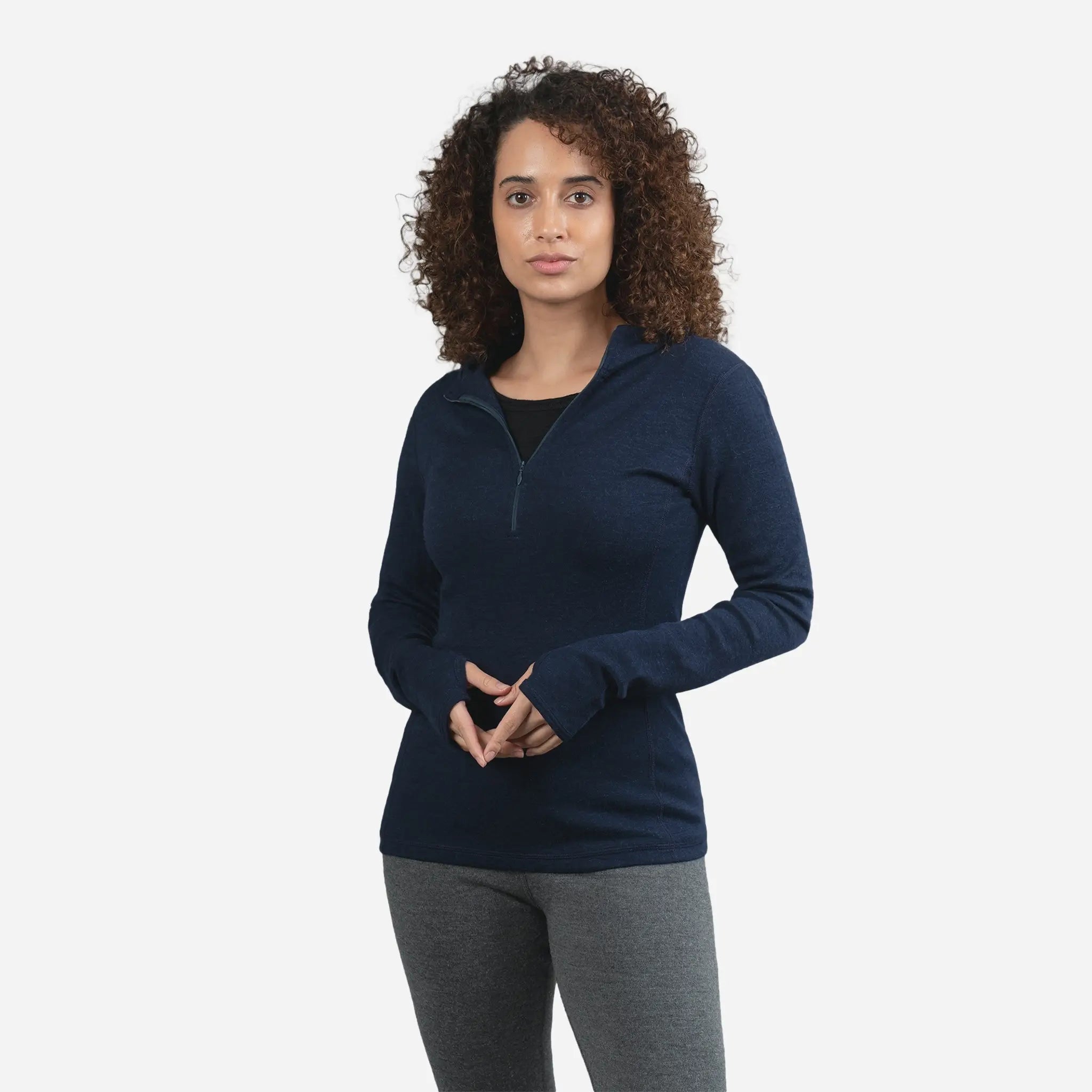 womens high performance baselayer hoodie halfzip color navy blue