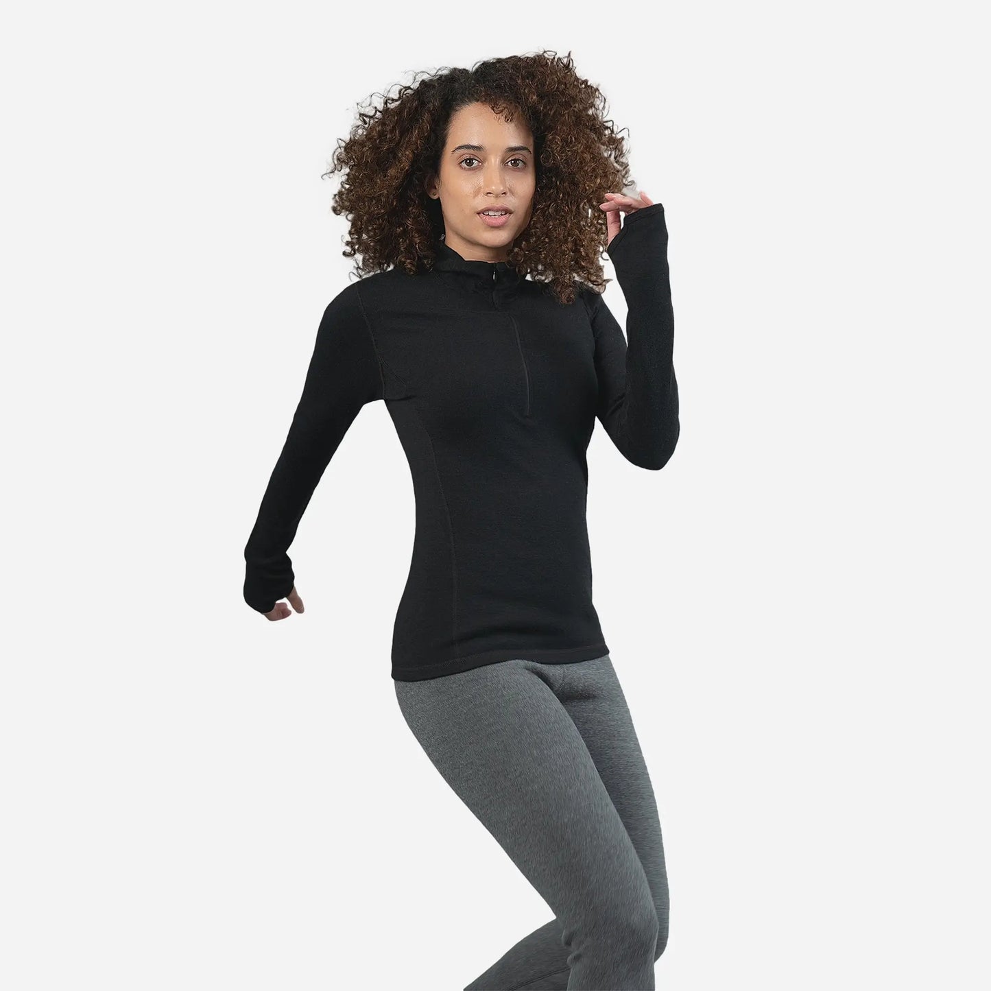 womens sustainable baselayer hoodie halfzip color black