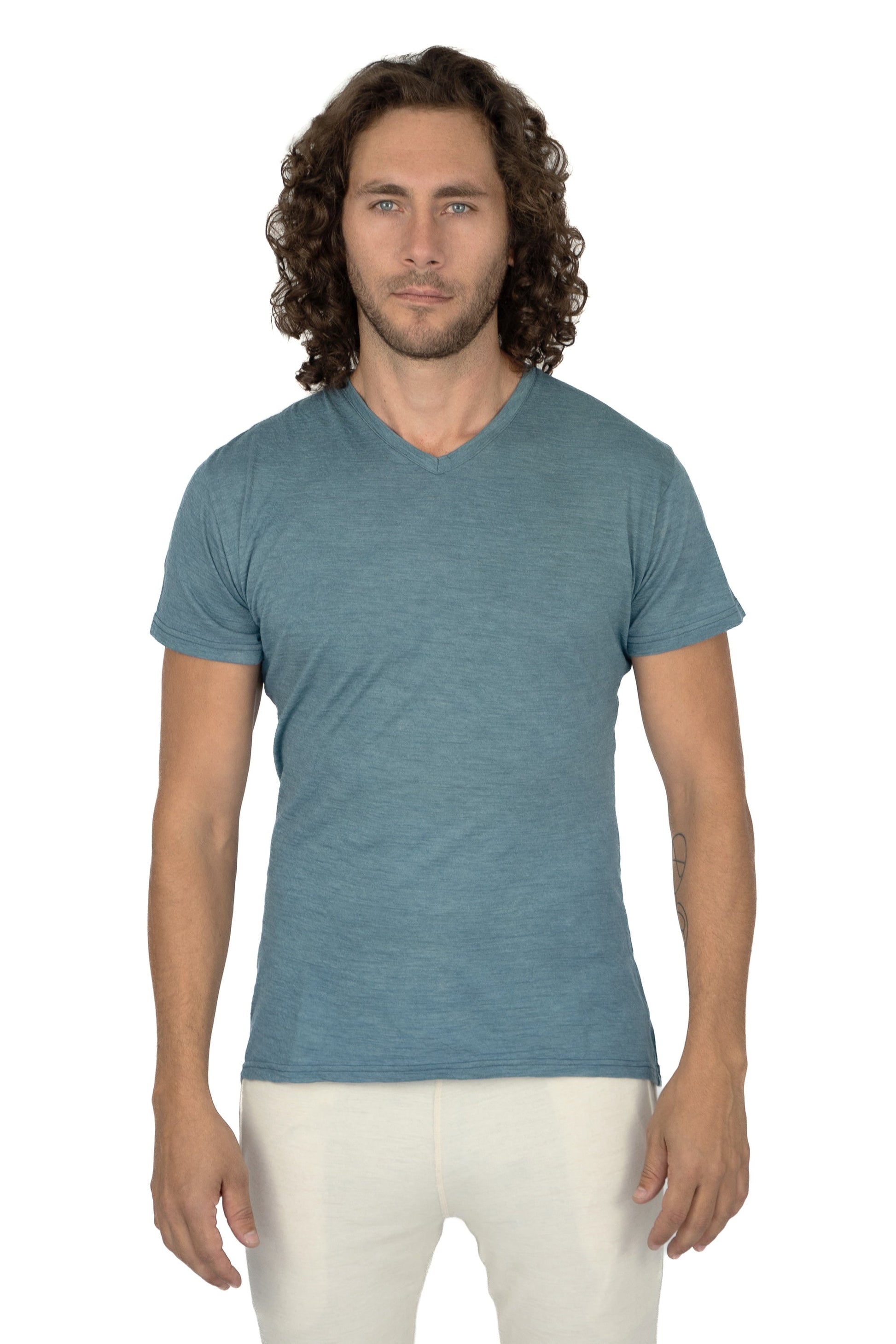 Men's Alpaca Wool Shirt: 160 Ultralight V-Neck color Natural Turquoise